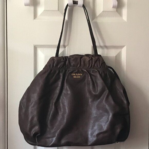 Prada Brown Leather Drawstring Tote Bag - Picture 1 of 10